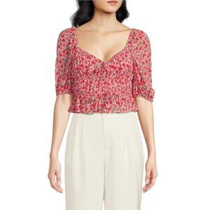 WAYF Floral Ruched Sweetheart‎ Neckline Short Sleeve Top Pink/Red Floral Print L